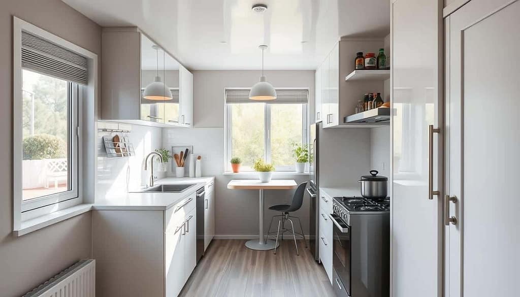 modern tiny kitchen design ideas with sleek white cabinets