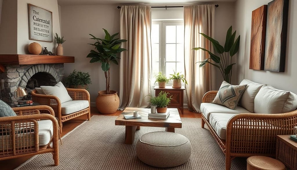 Stone accents and organic materials in Living Room Interior Trends 2025 design.