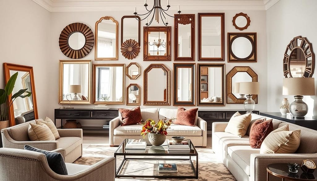 Living Room Interior Trends 2025 showcasing strategic mirror placement and decorative frames.