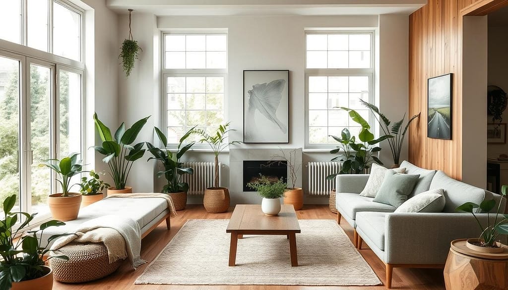 Living Room Interior Trends 2025 incorporating biophilic design with natural elements.