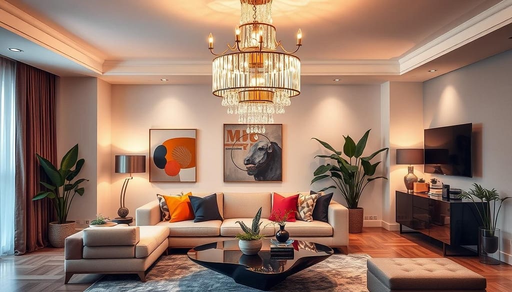 Living Room Interior Trends 2025 featuring statement lighting as a dramatic focal point.